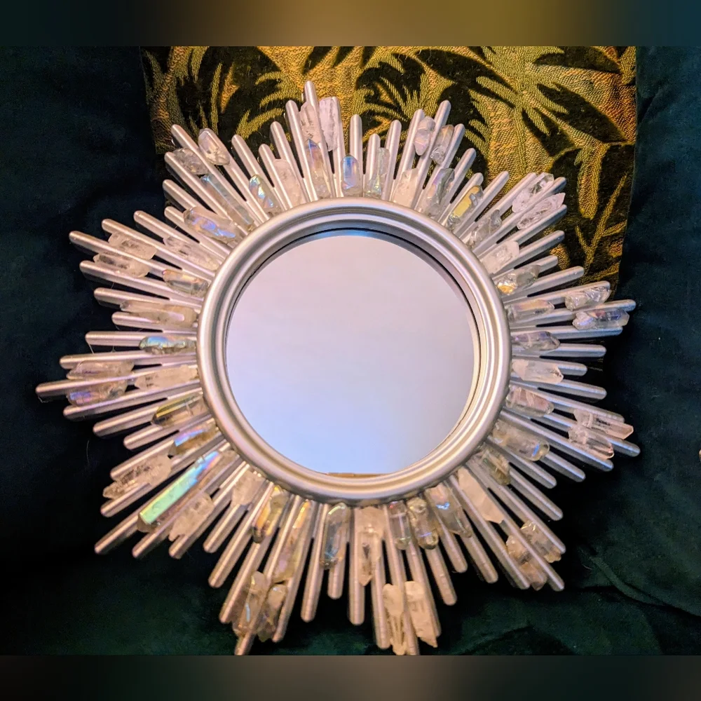 Set of three wall hanging mirrors with genuine aura angel quartz crystals